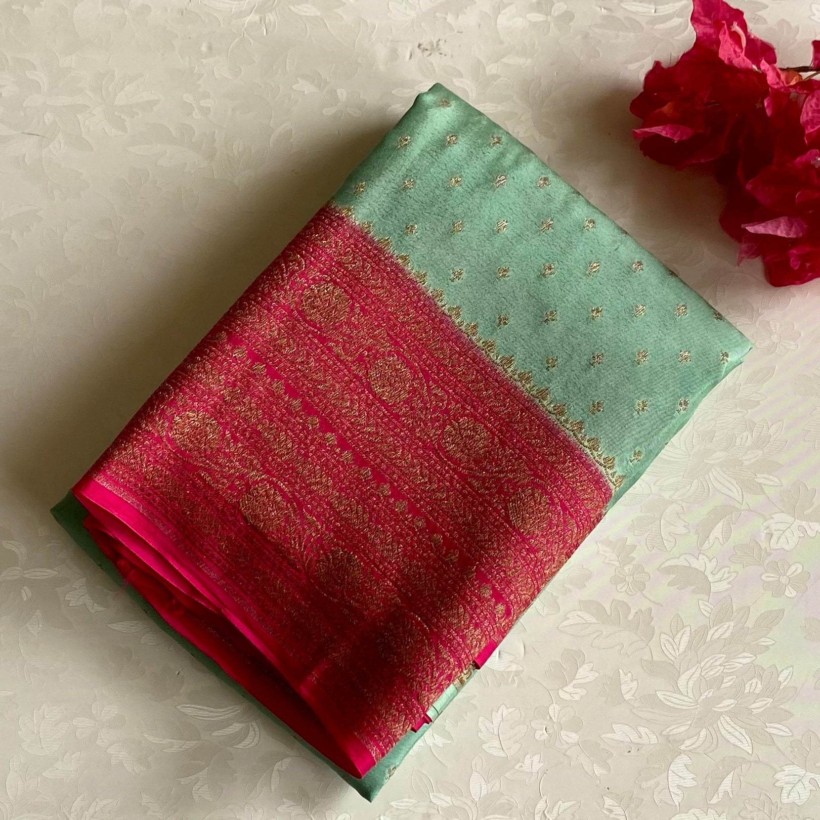 Mint Green Banarasi Crepe Silk Saree With Rani Pink Pallu