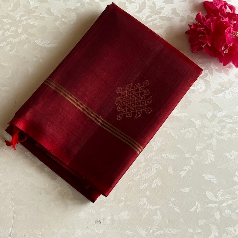 Deep Reddish Maroon Kollam Designer Pure Silk Saree With Antique Gold Zari Pallu