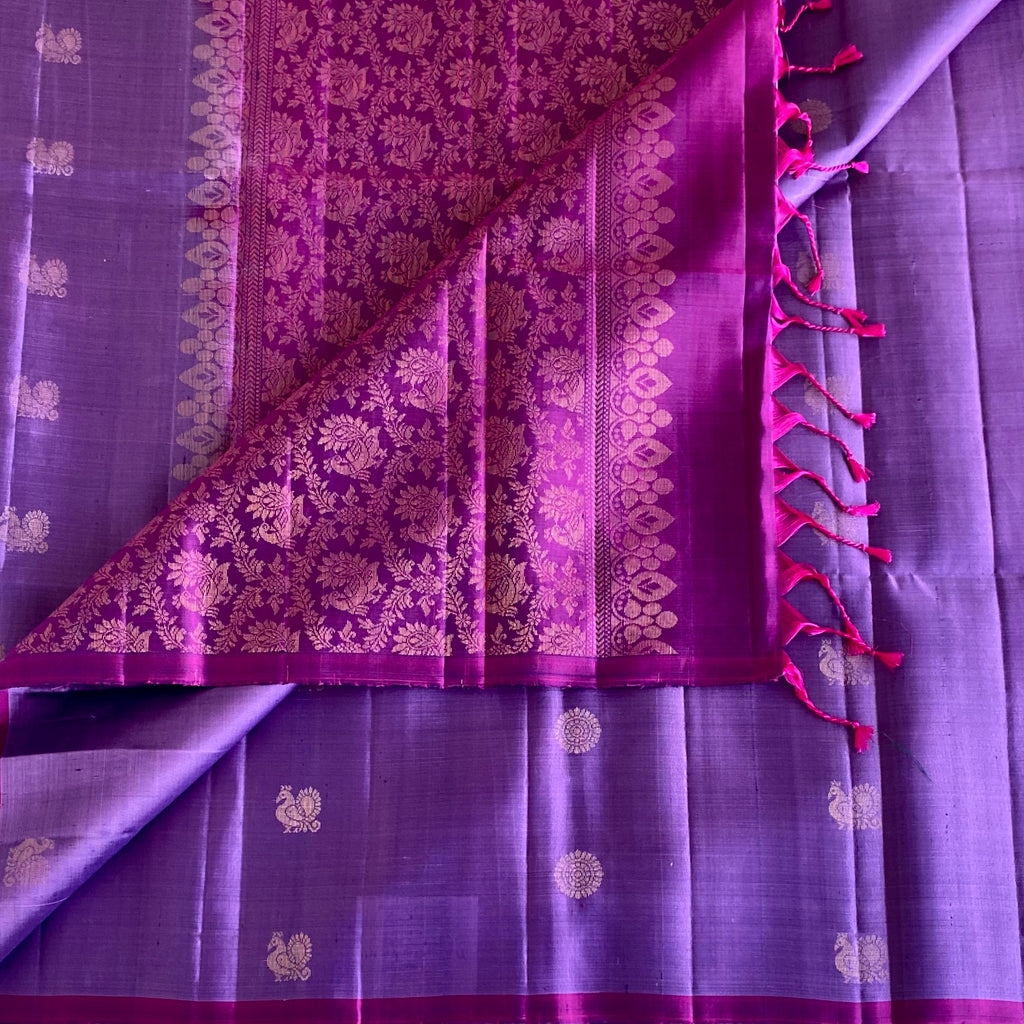Royal Purple Designer Pure Silk Saree With Rani Pink Pallu