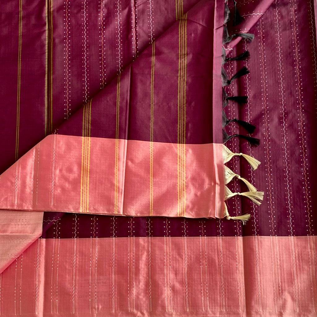 Deep Wine Maroon Soft Mixed Silk Saree With Coral Pink Pallu