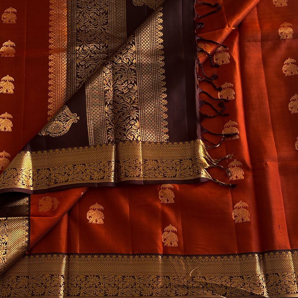 Burnt Orange Aubergine Silk Saree Antique Gold Zari Paisley Elephants