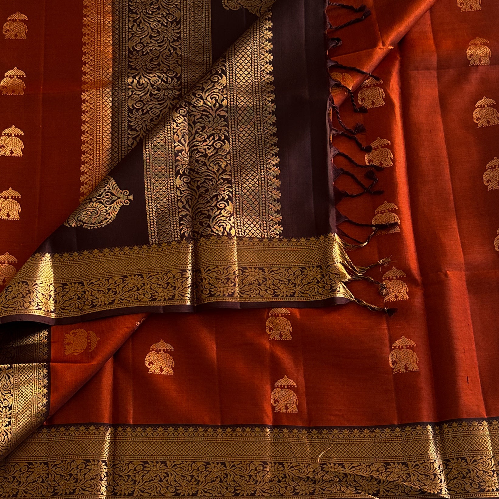 Burnt Orange Aubergine Silk Saree Antique Gold Zari Paisley Elephants