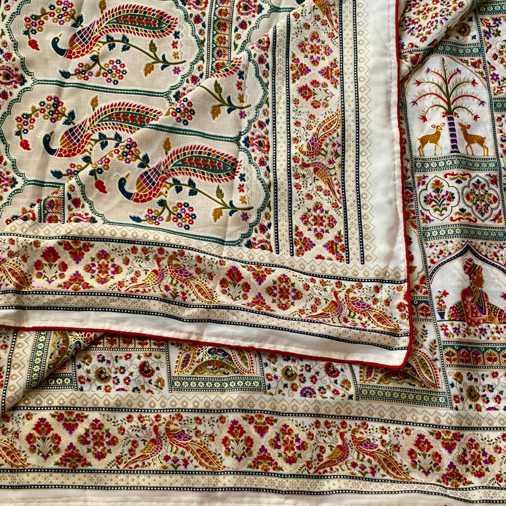 Ivory Paisley Peacock Saree Teal Magenta Gold Traditional Handloom Weave