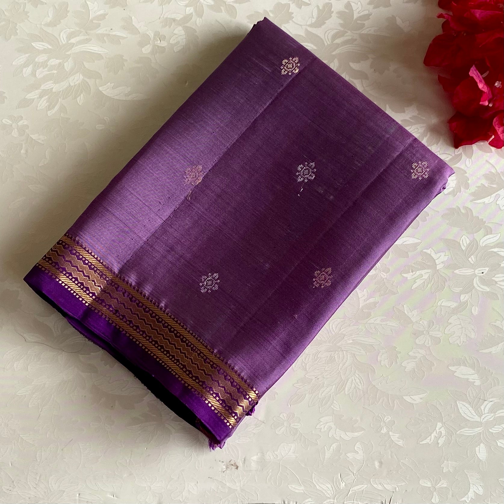 Heather Purple Designer Pure Silk Saree With Antique Gold Zari Work