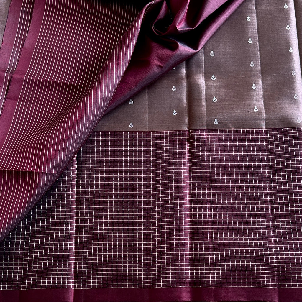 Metallic Grey with Deep wine brown designer pure silk with checkered borders
