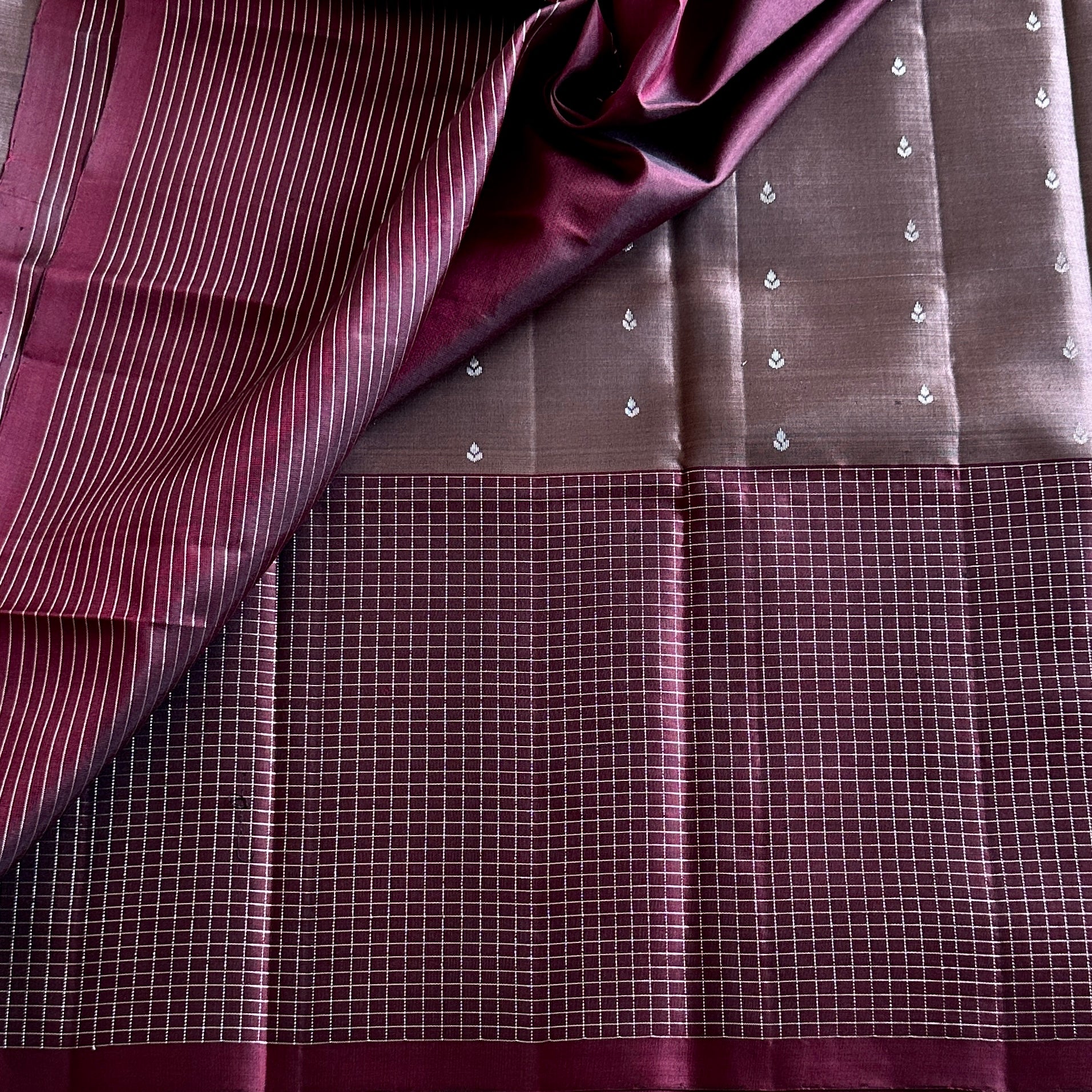Metallic Grey with Deep wine brown designer pure silk with checkered borders