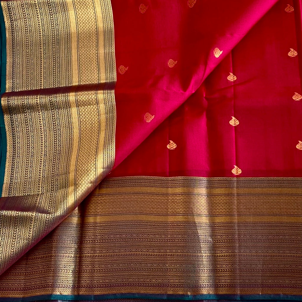 Cherry Pink Designer Pure Silk Saree With Turquoise Blue Pallu And Teal Border