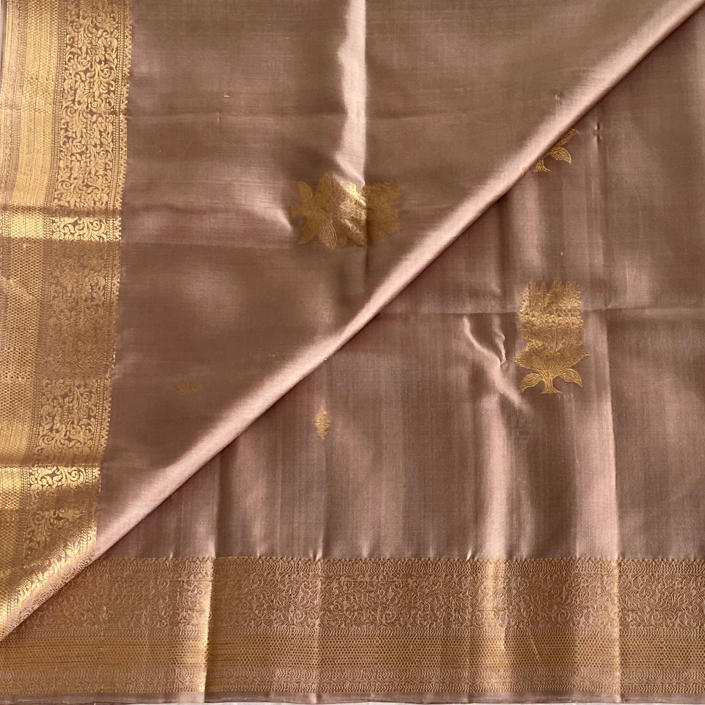 Dusty Rose Designer Pure Silk Saree With Antique Gold Brocade Panels