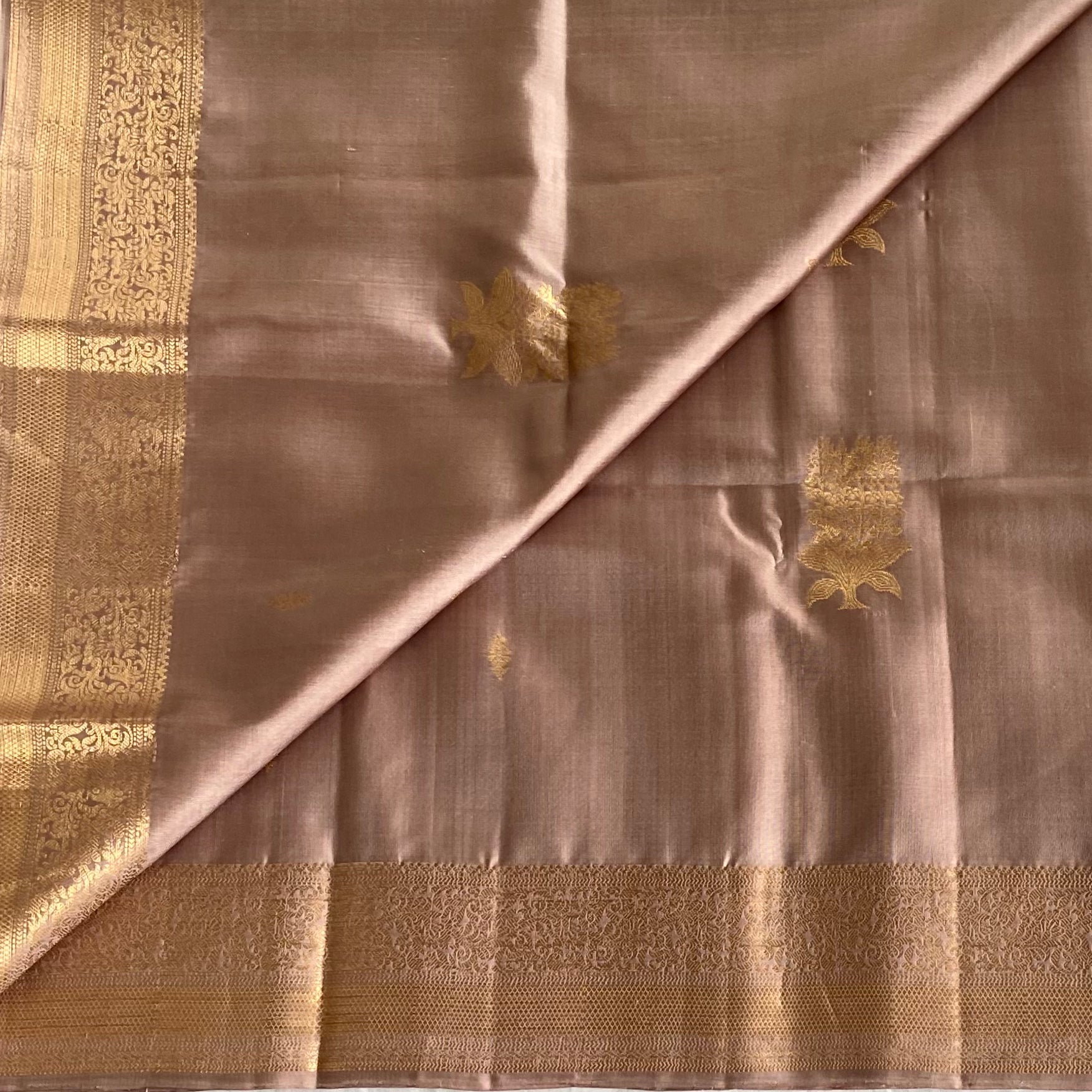 Dusty Rose Designer Pure Silk Saree With Antique Gold Brocade Panels