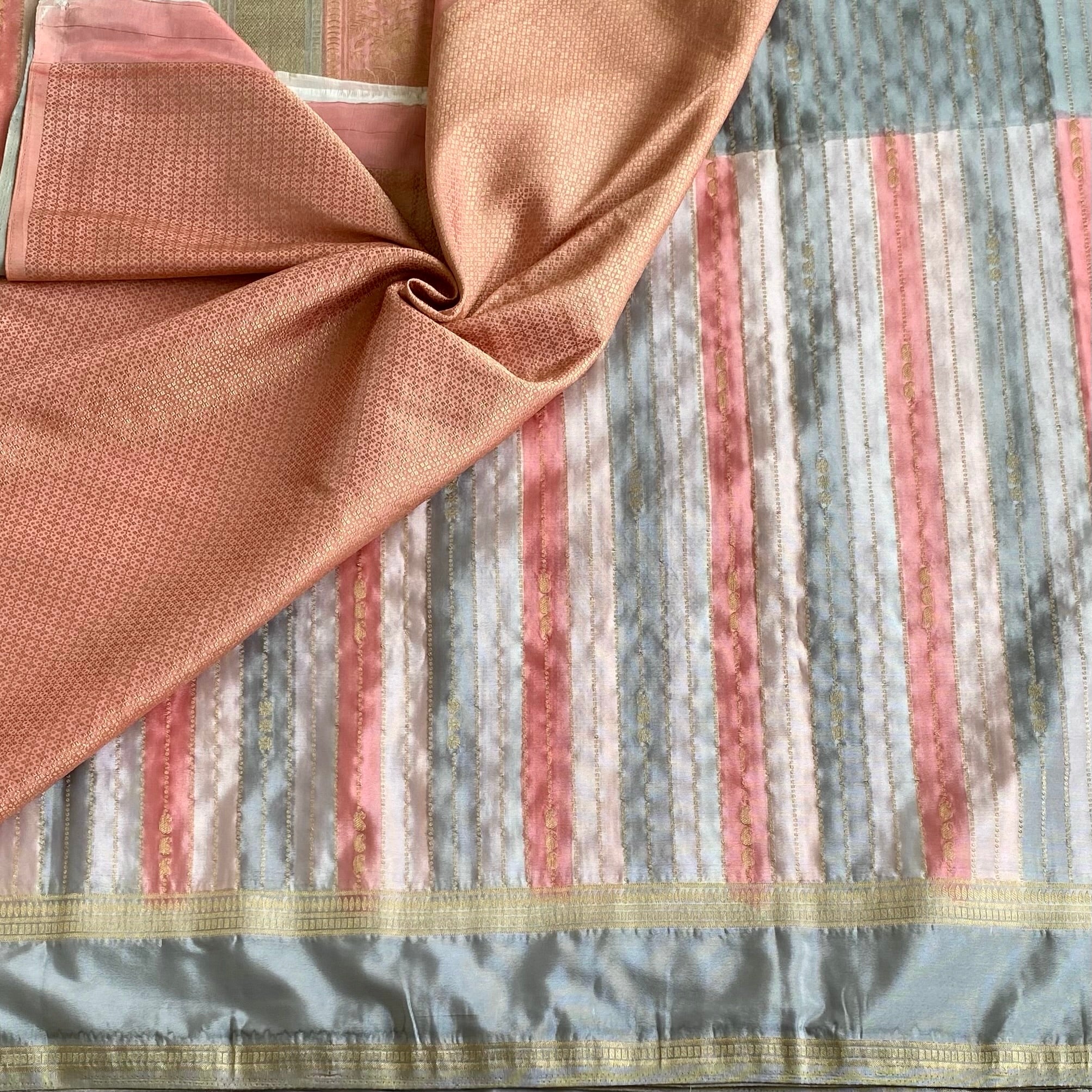 Silver Gray, White and Peach Striped Soft Tussar Silk Saree With Dusty Pink Pallu