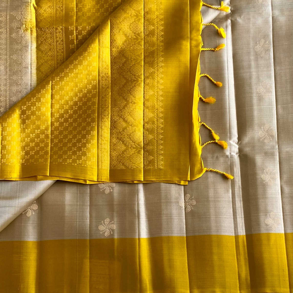Taupe Beige Designer Pure Silk Saree With Mustard Yellow Pallu