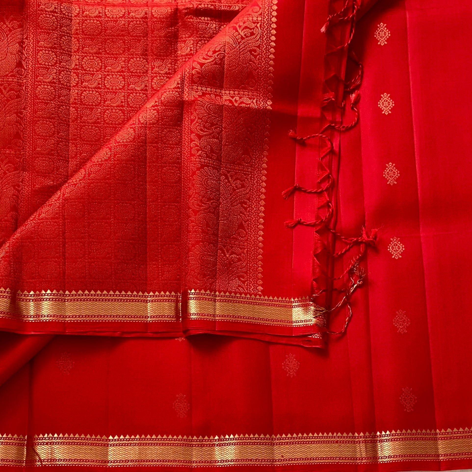 Ruby Red Designer Pure Silk Saree With Antique Gold Border