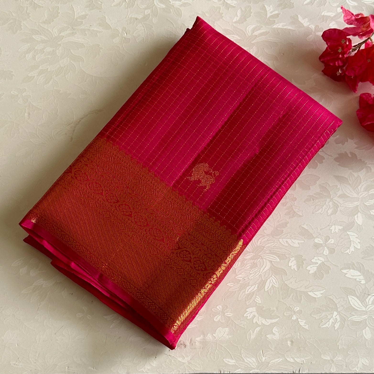 Rani Pink Luxurious Kanjeevaram Pure Zari Silk With Temple Gold Border