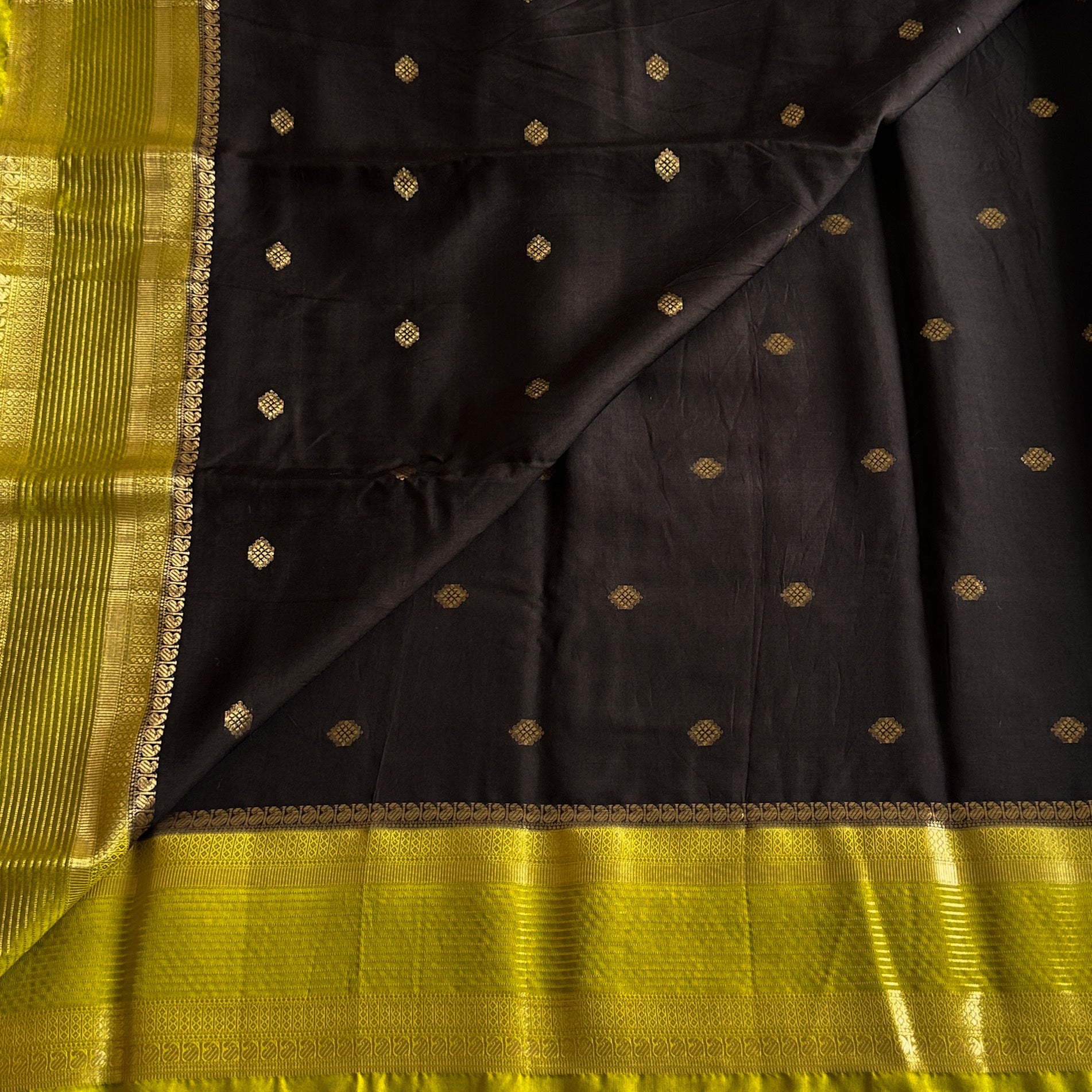 Jet Black Chartreuse Pallu Silk Saree With Gold Zari Border