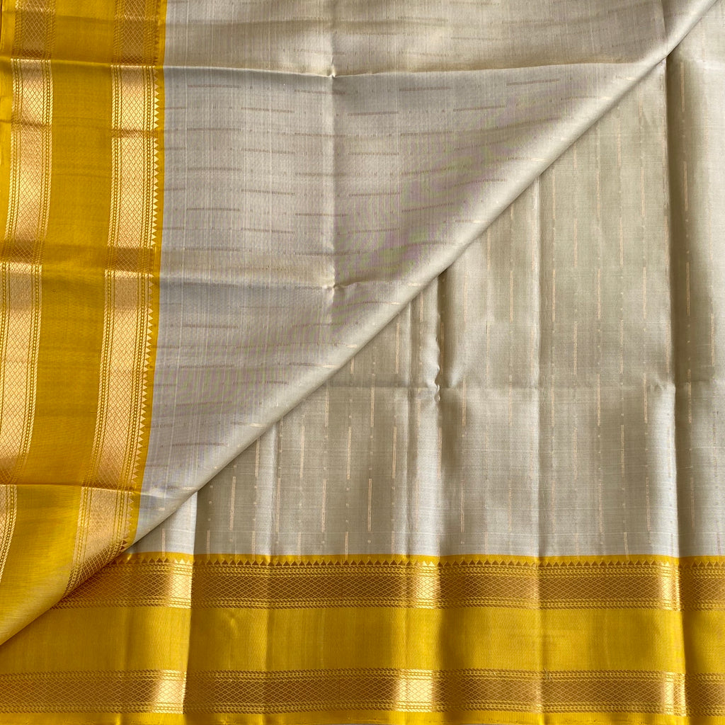 Ivory Beige Designer Pure Silk Saree With Mustard Gold Pallu And Zari Border