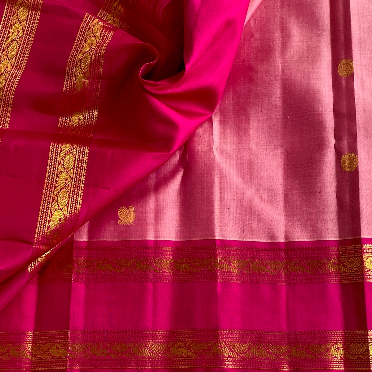 Blush Pink Kanjeevaram Pure Zari Silk Saree With Magenta Pink Pallu