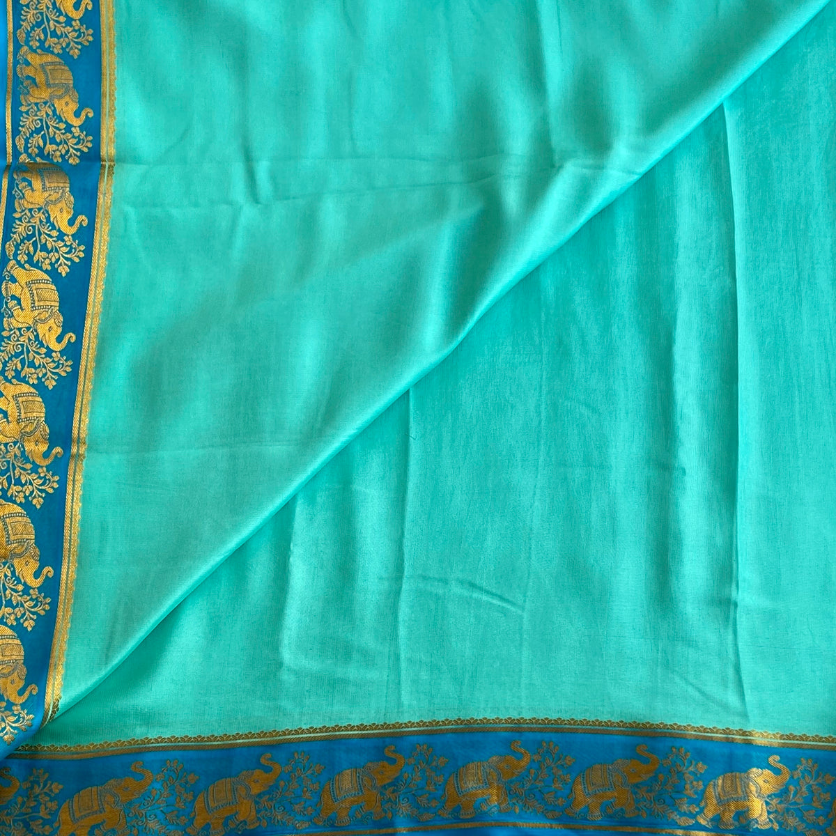 Sea Blue Mysore Crepe Silk Saree Turquoise Blue Pallu Gold Border