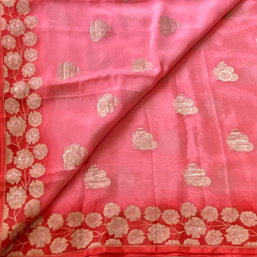 Ombre Coral with red lightest weight soft Georgette elegance