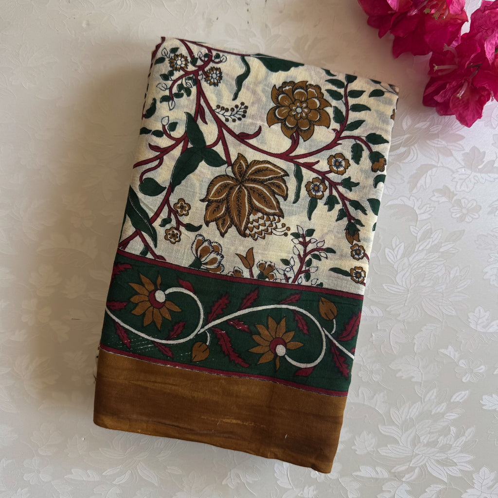 Ivory Mustard Green Floral Border Cotton Saree Traditional Ethnic Wear