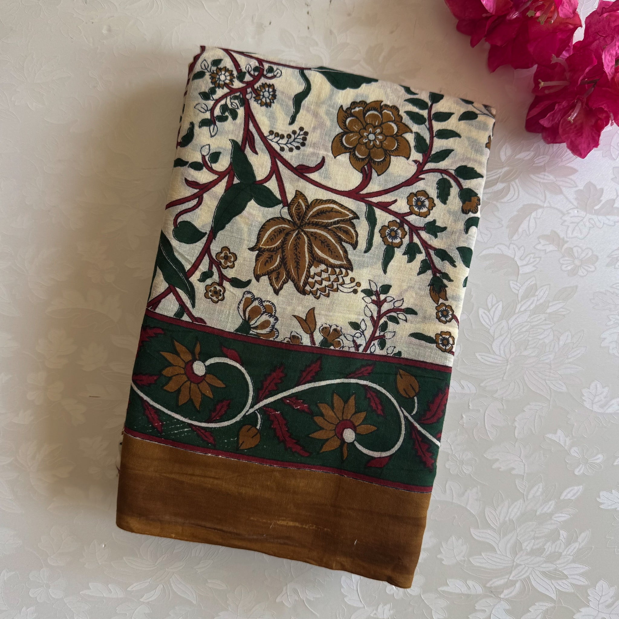 Ivory Mustard Green Floral Border Cotton Saree Traditional Ethnic Wear