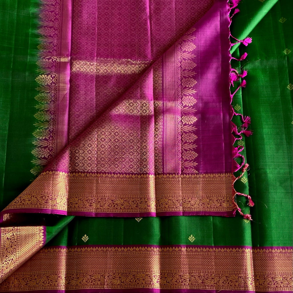 Emerald Green Designer Pure Silk Saree With Rani Pink Pallu