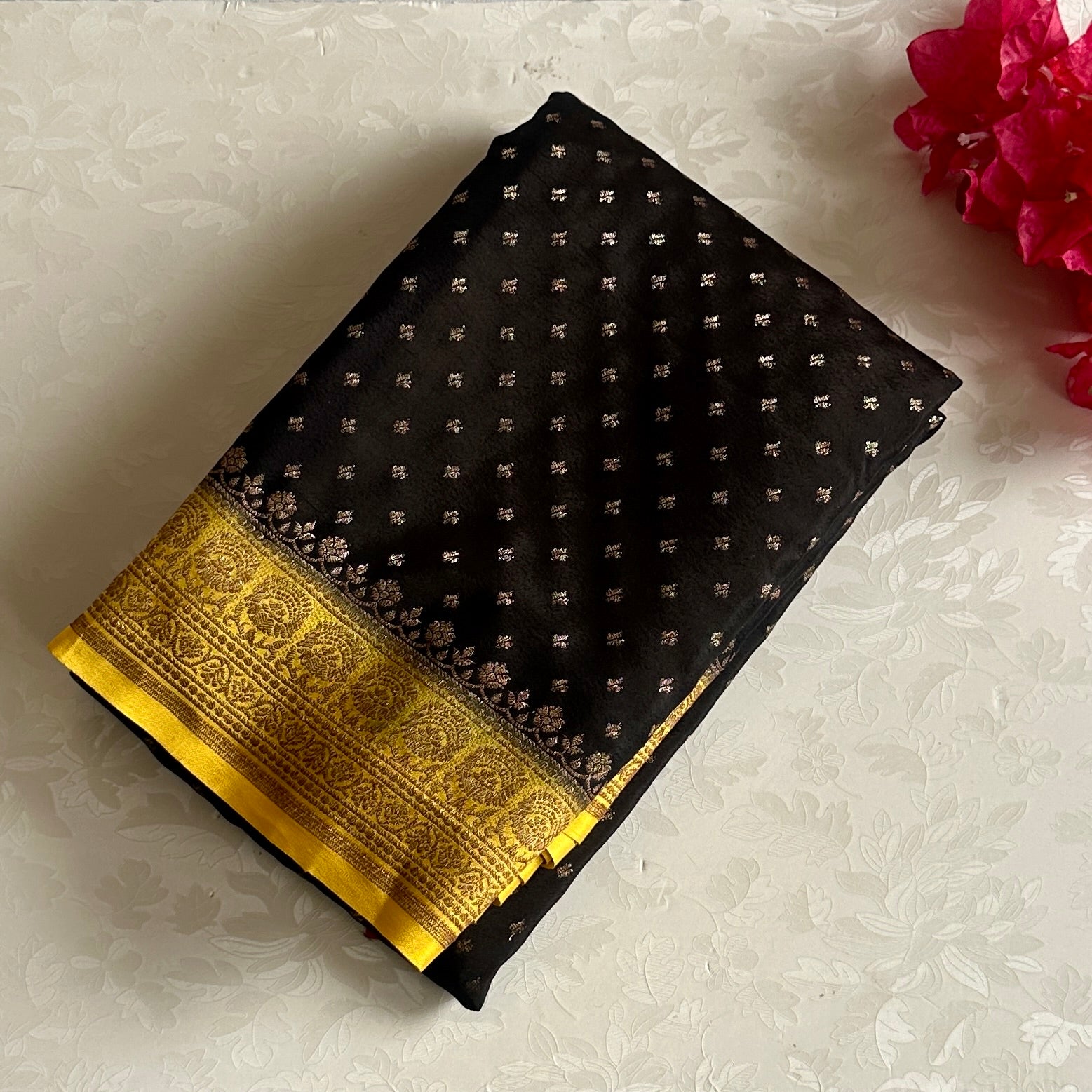 Jet Black Banarasi Crepe Silk with Golden Yellow Contrast