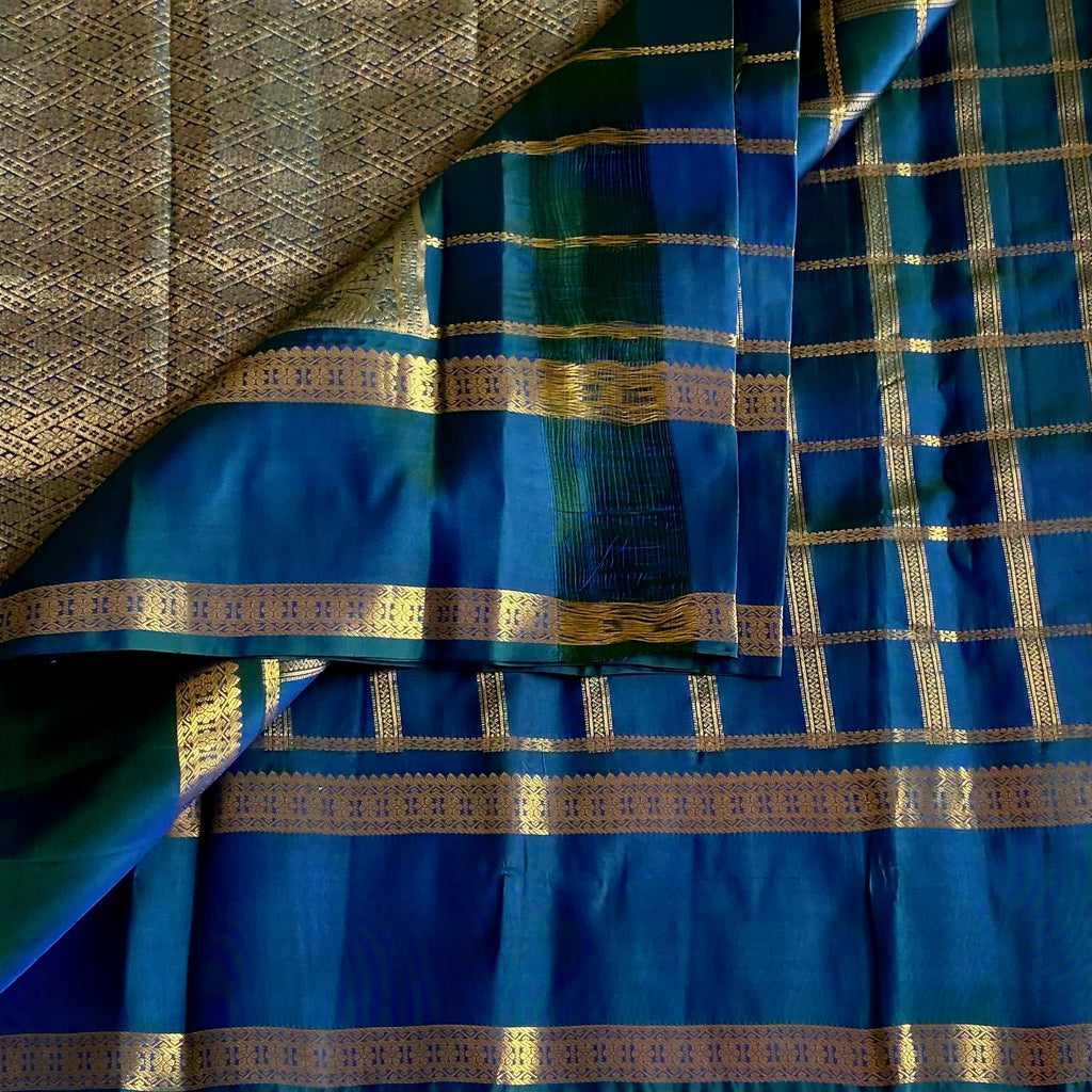 Peacock Blue Designer Pure Silk Saree With Rich Checkered Zari Weave