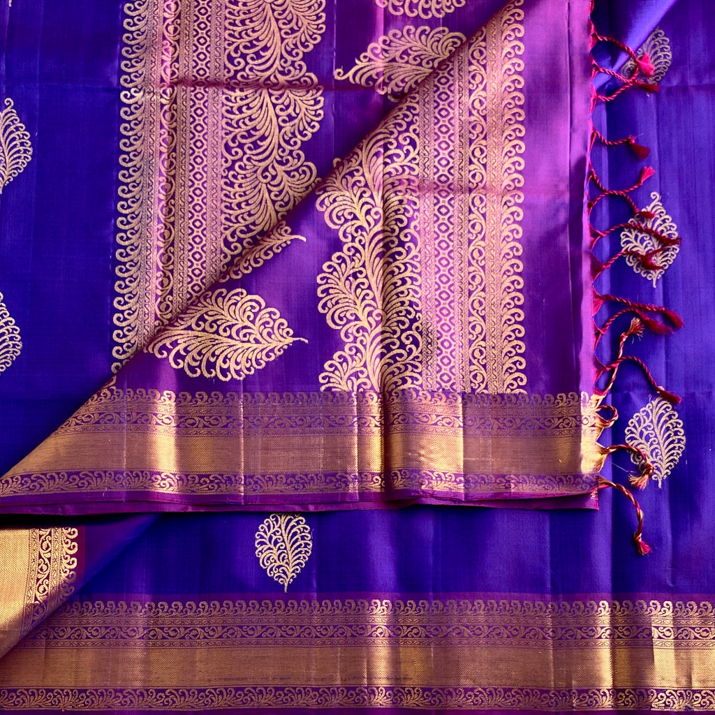 Royal Dual shaded Purple Magenta Pure Silk Saree With Antique Gold Zari Border