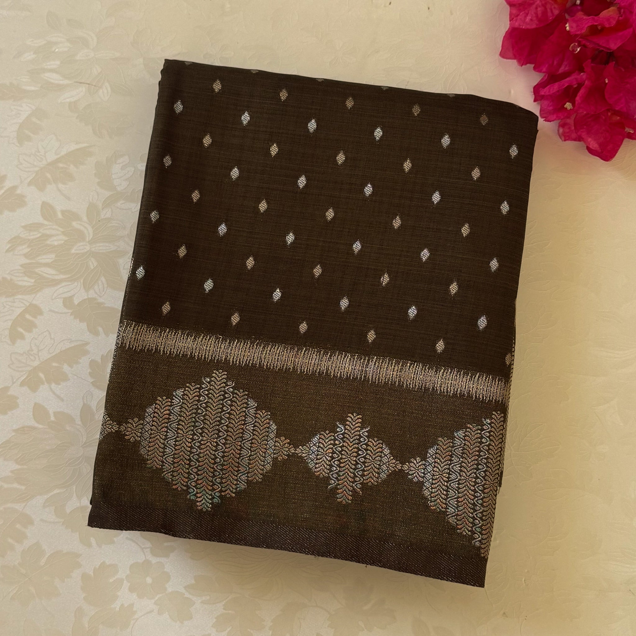 Olive Gold Brocade Saree With Medallion Border And Tassels Elegant