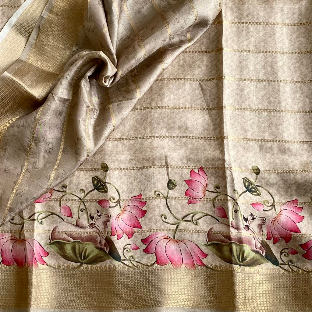Champagne Beige Soft Tussar Silk Saree With Lotus Pink Pallu