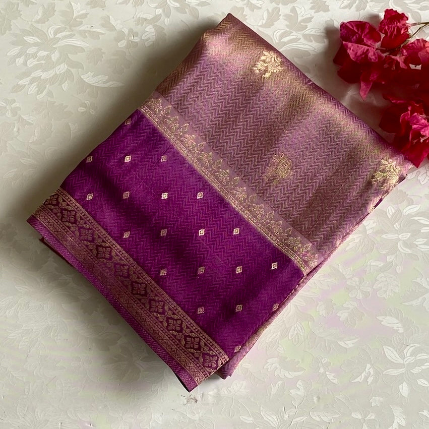 Blush Pink Soft Crepe Silk Saree With Rich Magenta Pallu Gold Zari