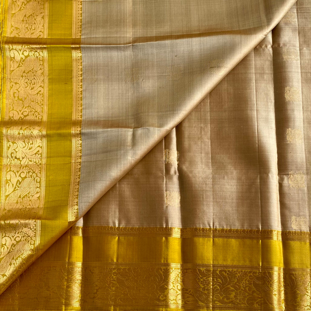 Champagne Beige Designer Pure Silk With Magical Yellow