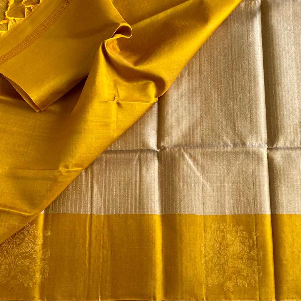 Champagne Beige Designer Pure Silk Saree With Mustard Yellow Pallu