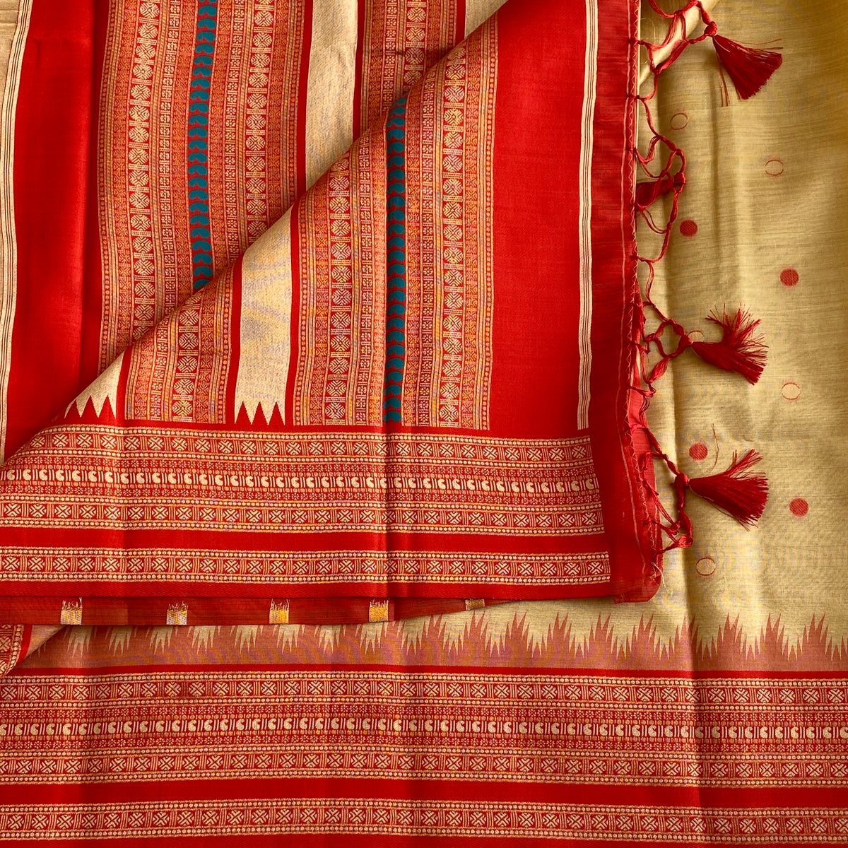 Golden Beige & Crimson Red Soft Jute Tussar Saree With Designer Pallu