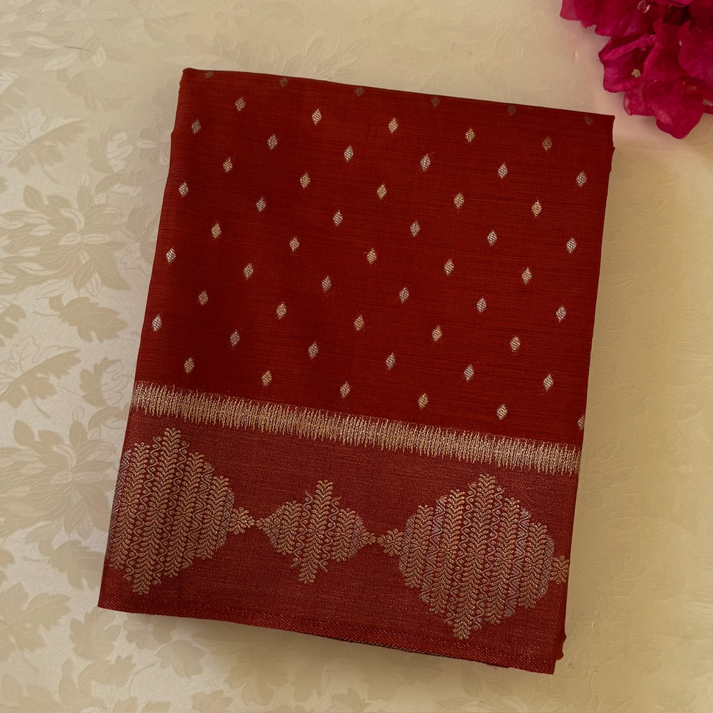 Burnt Orange Brocade Zari Saree Diamond Buti Tassel Pallu Elegant