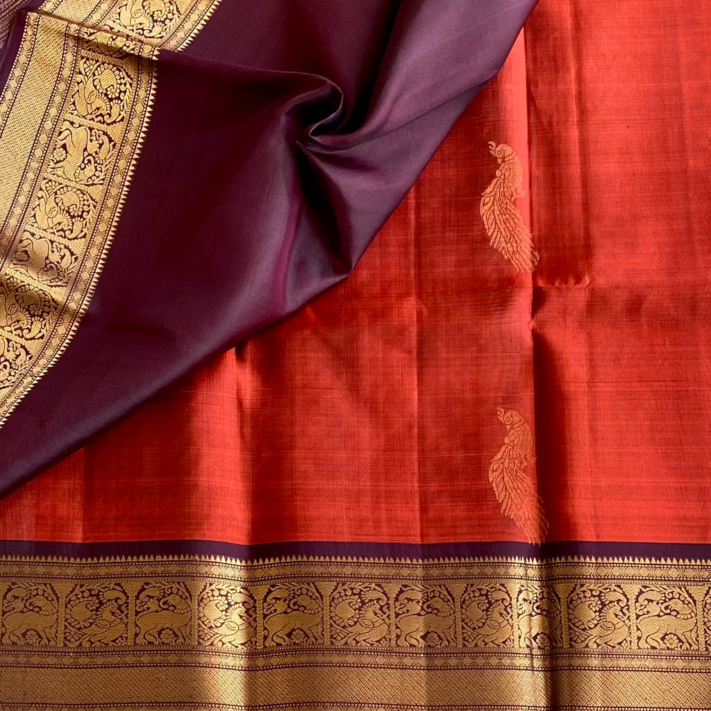 Rust Orange Designer Pure Silk Saree With Deep Plum Pallu