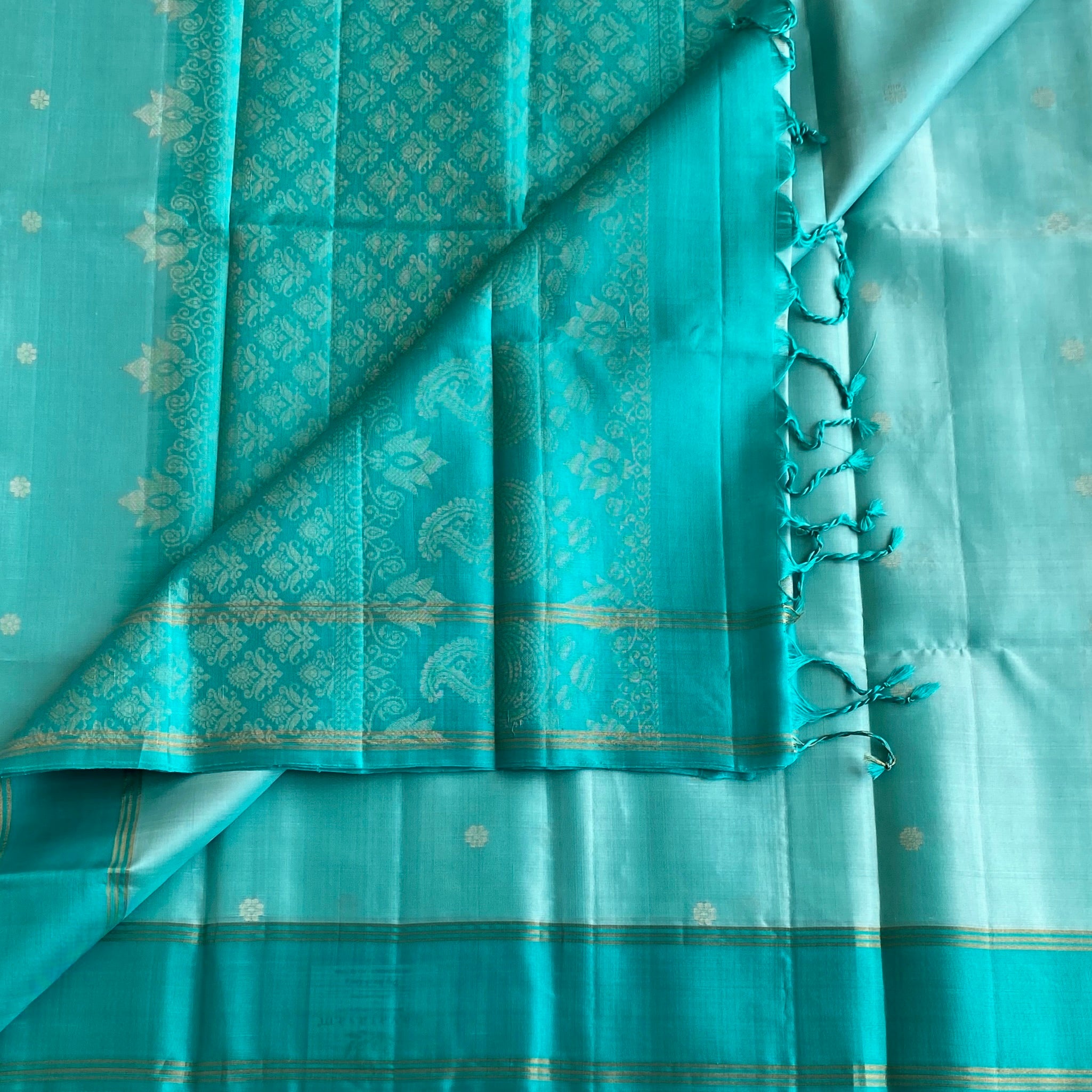 Dreamy Aqua Blue With Turquoise Blue Designer Pure Silk