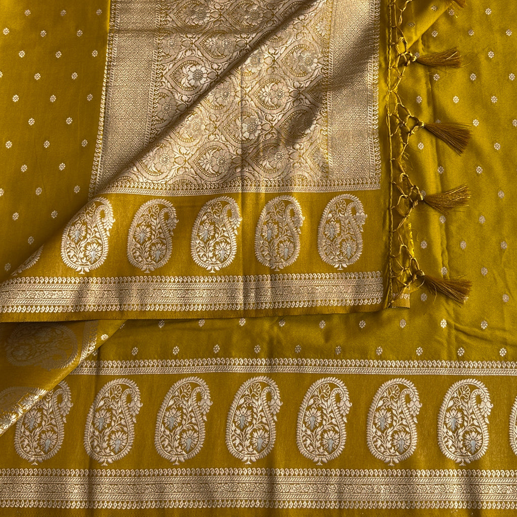 Elegant Mustard Gold Paisley Brocade Saree with Tassels and Borders