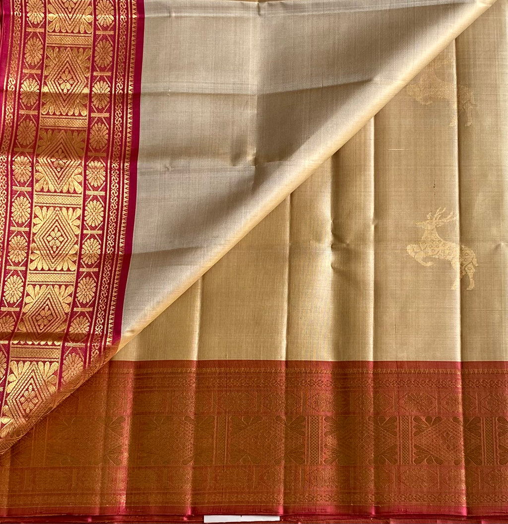 Traditional Ivory Silk Saree with Fuchsia Pallu Gold Brocade Border