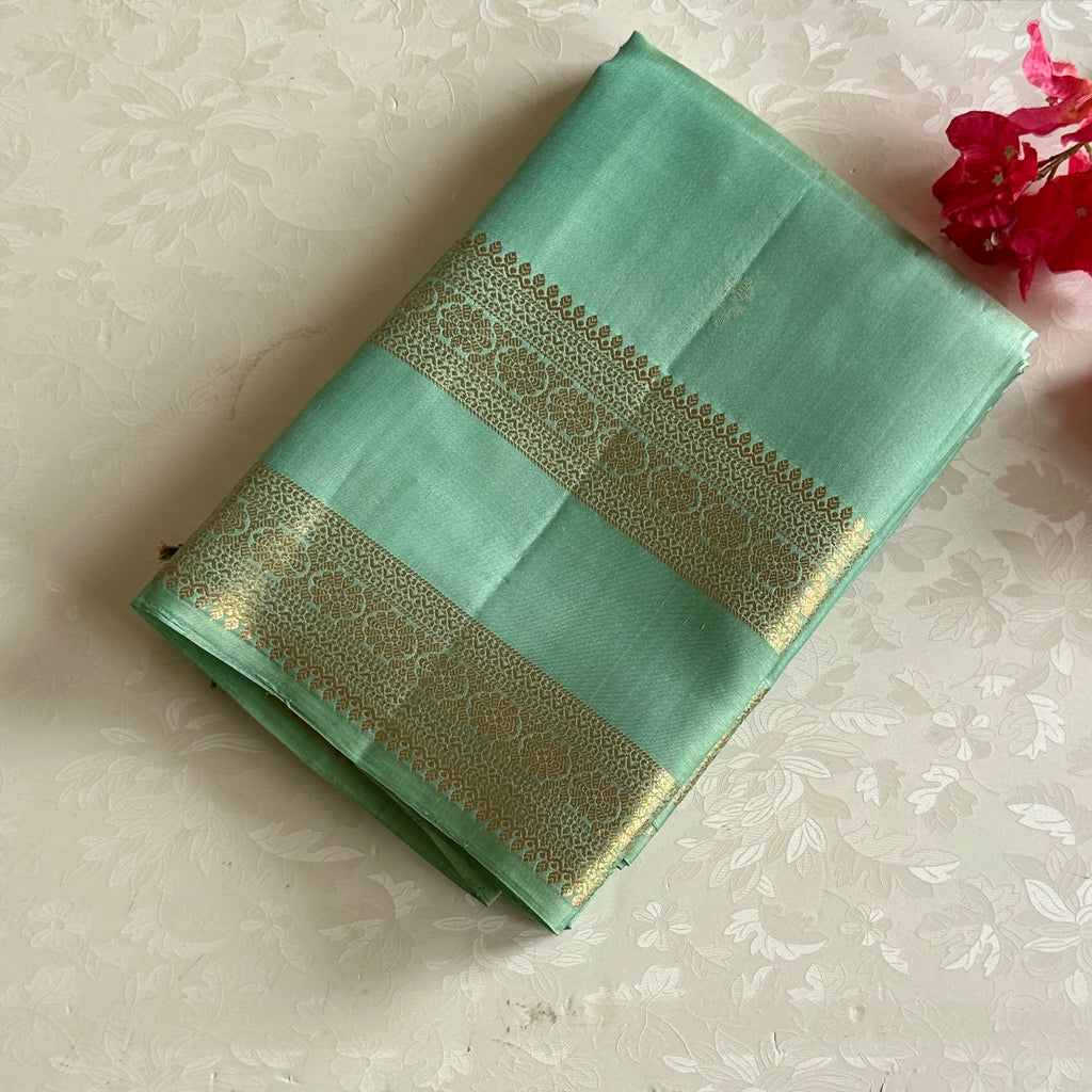 Pistachio Green Designer Pure Silk Saree Antique Gold Brocade Border