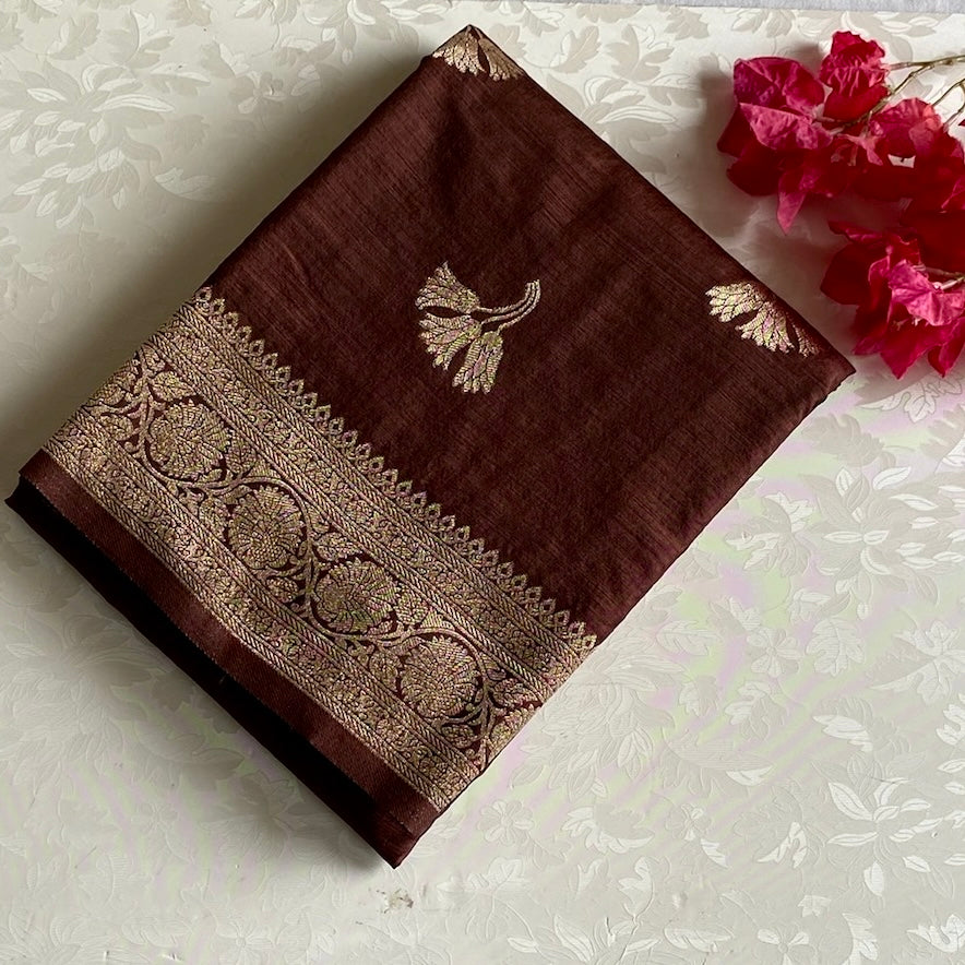 Deep Coffee Soft Tussar Silk Saree With Antique Gold Jaal Border