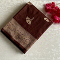 Deep Coffee Soft Tussar Silk Saree With Antique Gold Jaal Border