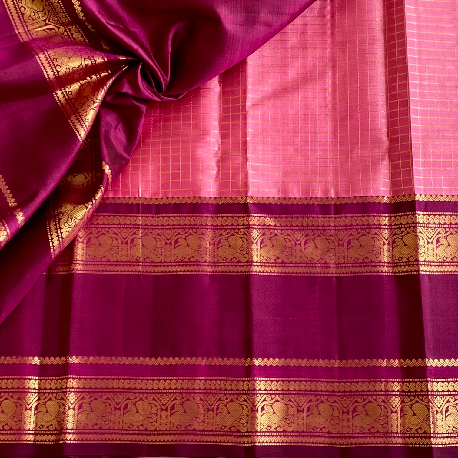 Regal Rare Pink With Wine Kanjeevaram Checkered Pure Zari Silk