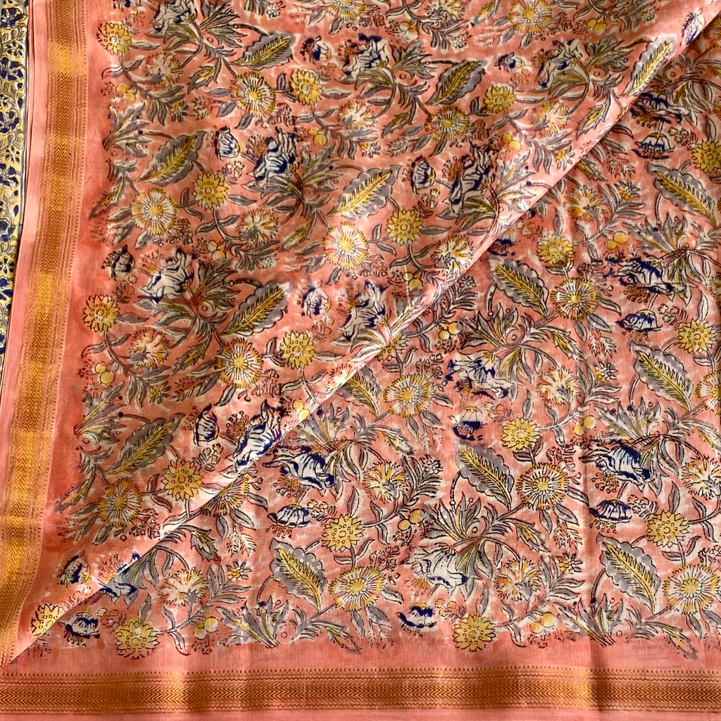 Peach Coral Soft Tussar Silk Saree With Ivory Cream Pallu