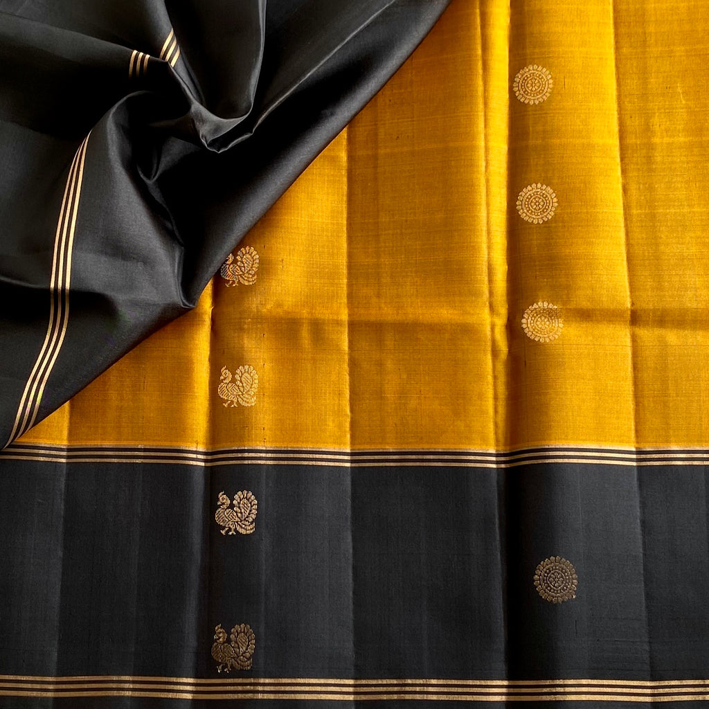 Mustard Gold Designer Pure Silk Saree With Jet Black Contrast