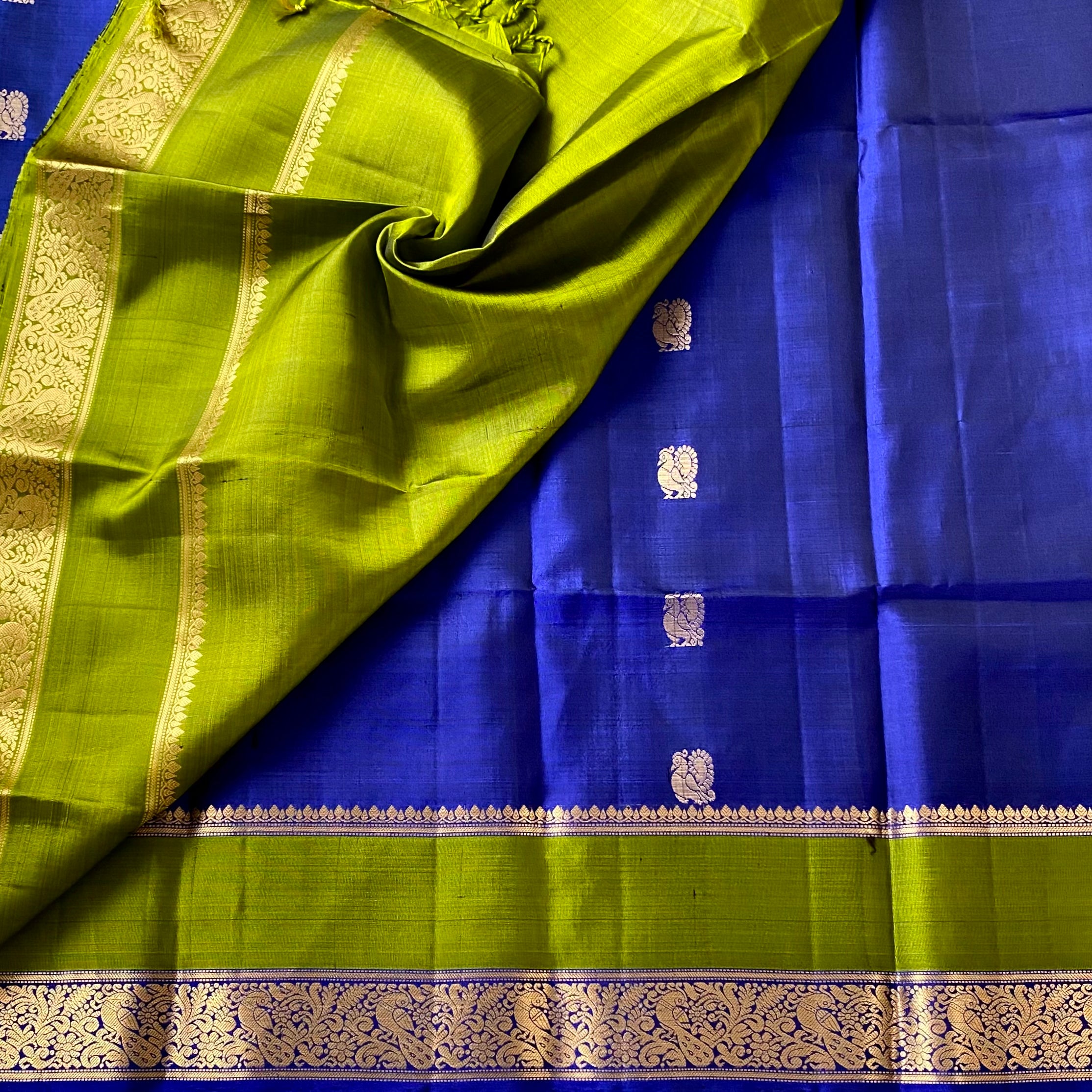 Navi • Royal blue with exquisite olive green handwoven designer pure silk