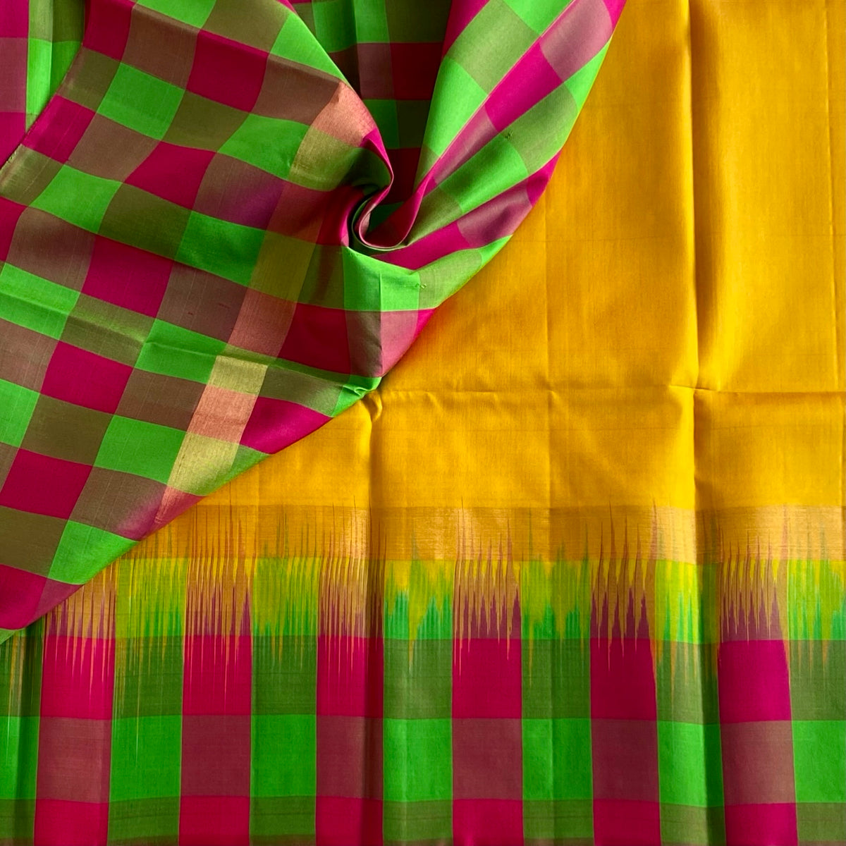 Designer Pure Silk Golden Yellow With Multi Checkered Borders & Pallu
