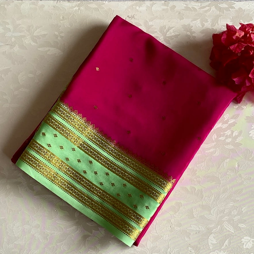 Rani Pink Mysore Crepe Silk Saree With Mint Green Border