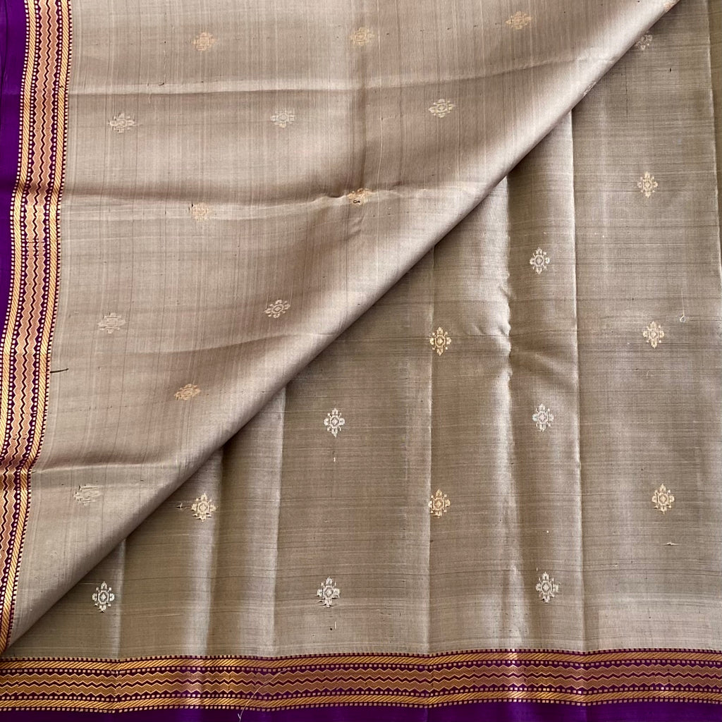 Taupe Beige Designer Pure Silk Saree With Royal Purple Pallu