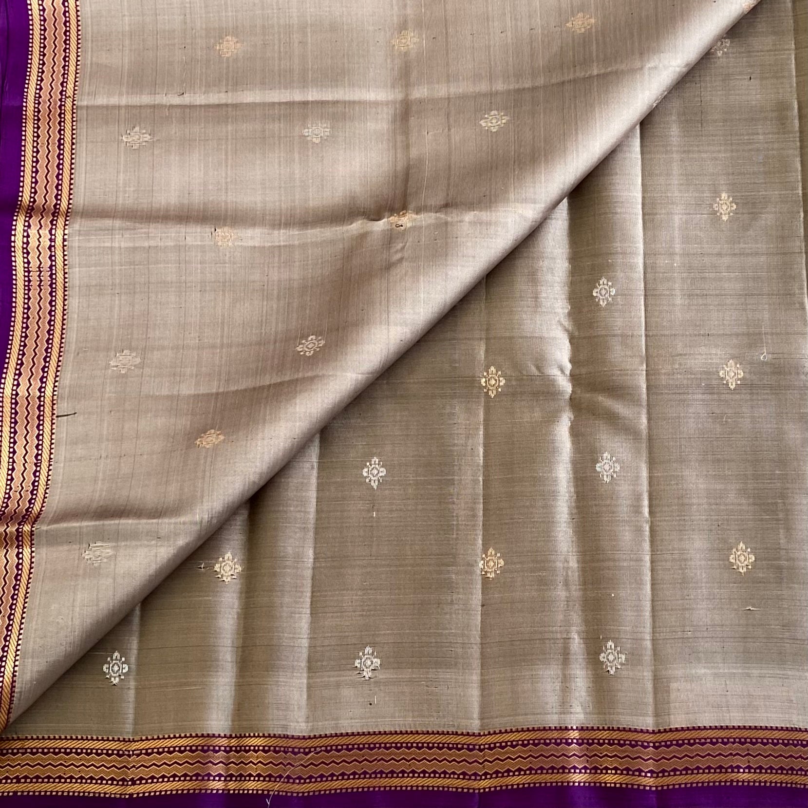 Taupe Beige Designer Pure Silk Saree With Royal Purple Pallu